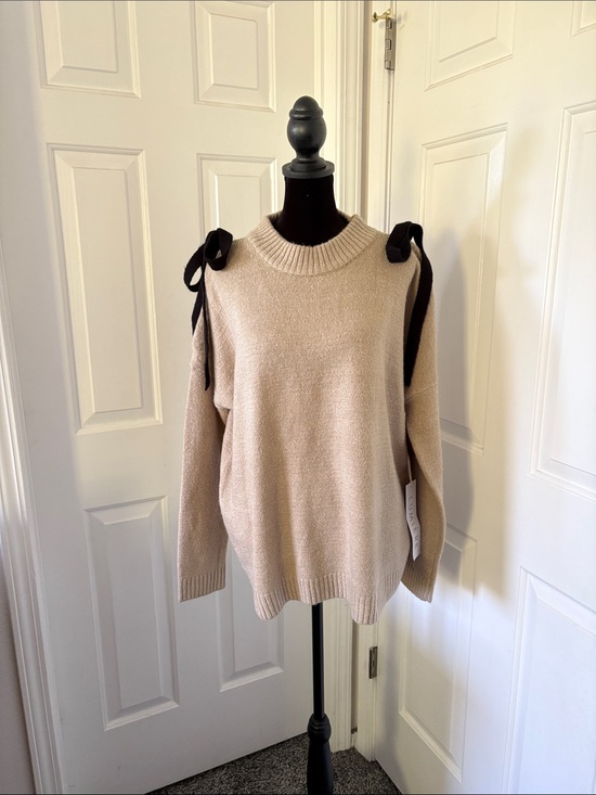 Lumiere Sweaters - Lumiere’s Beige Cold-Shoulder Knit Sweater with Black Tie Details